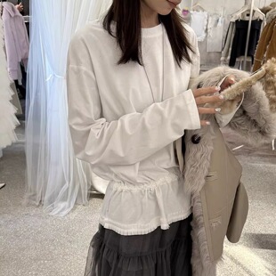 早春装新款韩系花边抽褶长袖打底衫女2026慵懒感百搭内搭上衣T恤