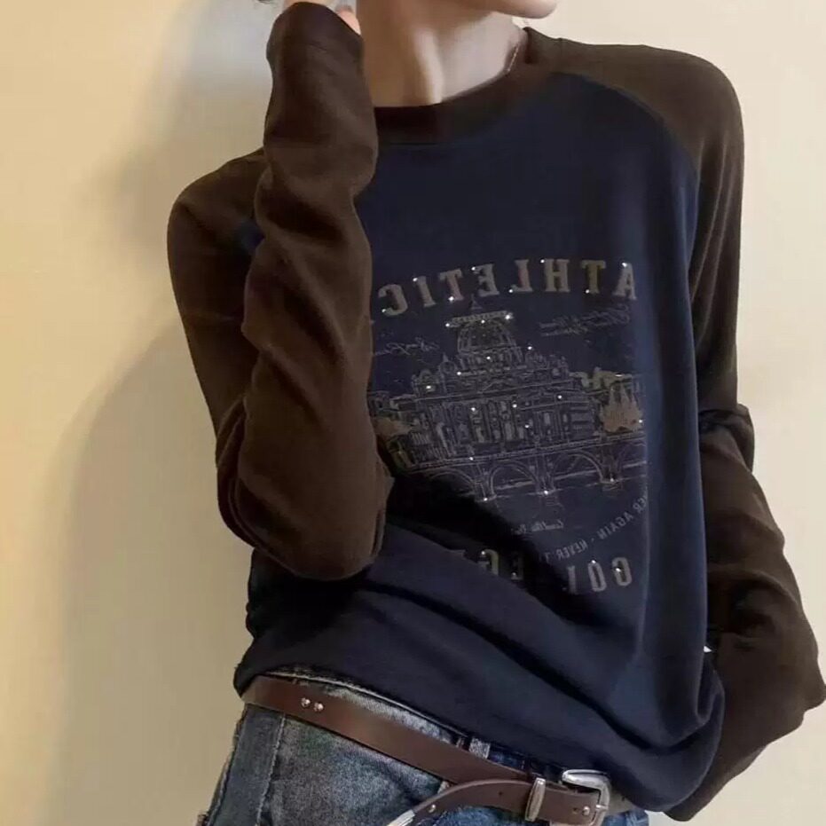 秋冬新款撞色插肩加厚T恤女
