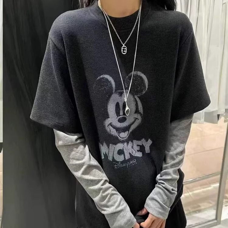 卡通米奇拼接假两件长袖T恤女