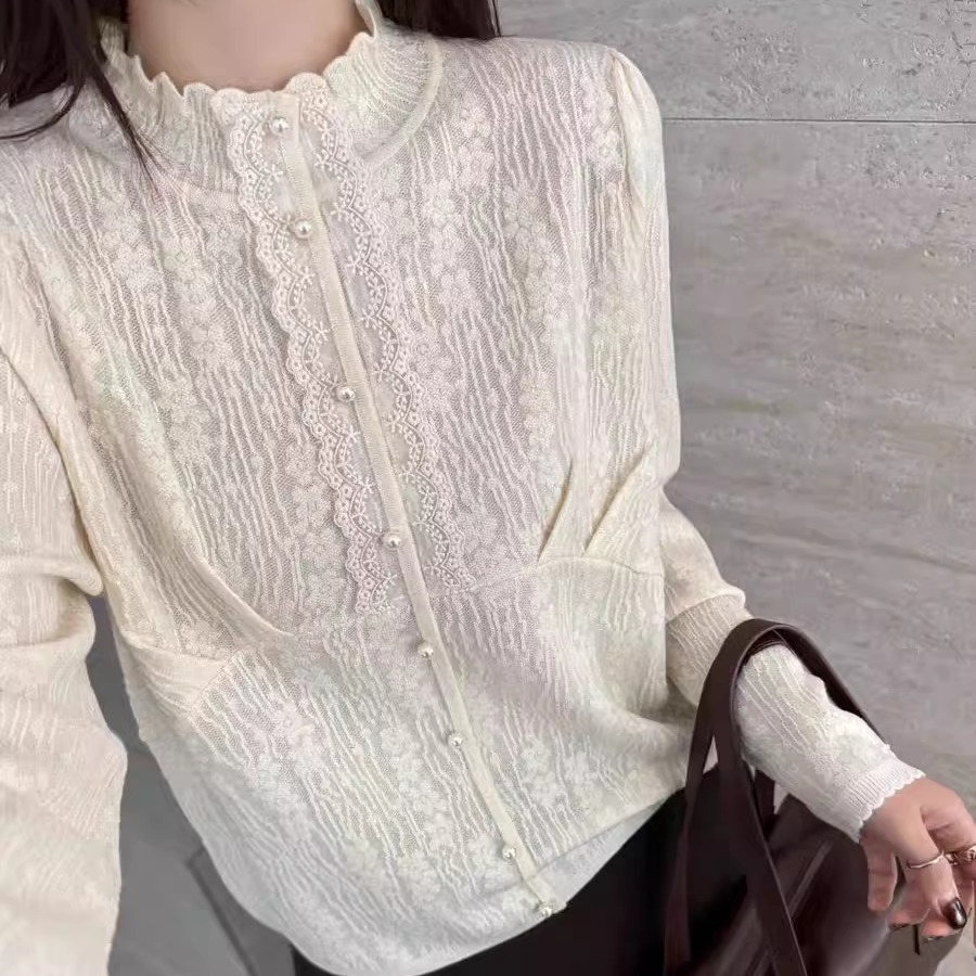 2025冬季蕾丝立领长袖针织衫女