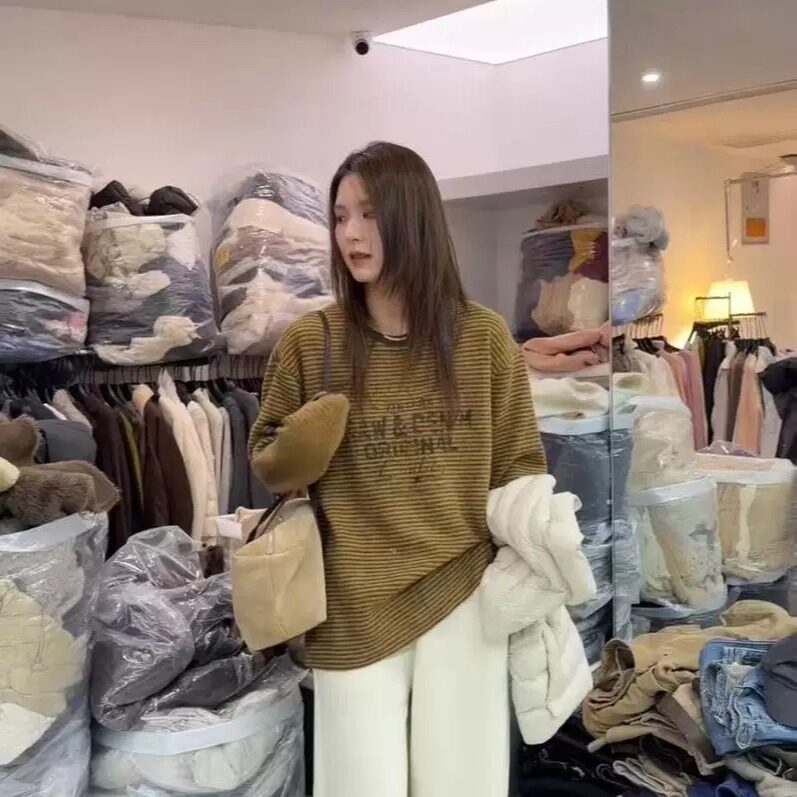 韩版复古条纹撞色领长袖T恤女