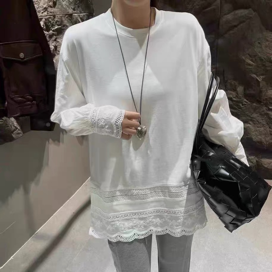 蕾丝花边衬衫袖加绒长袖t恤女