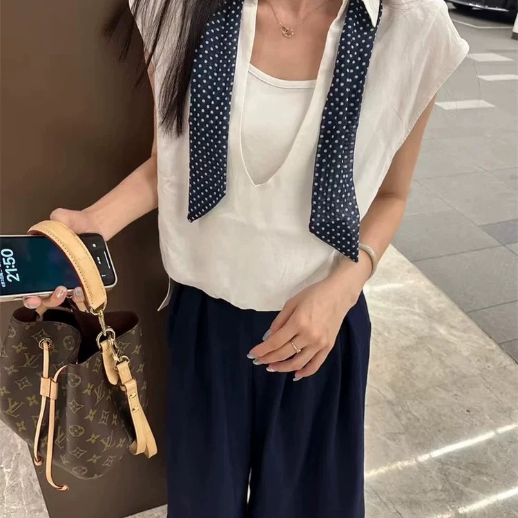 韩版假两件polo领设计感洋气衬衣打底衫2025夏季新款上衣配丝巾女