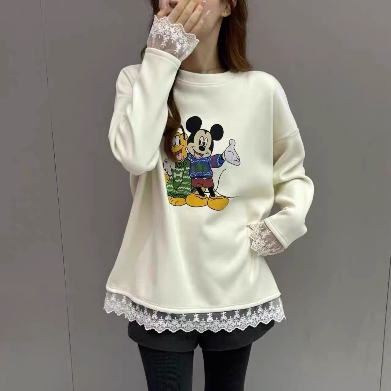 加绒加厚蕾丝拼接打底衫女T恤