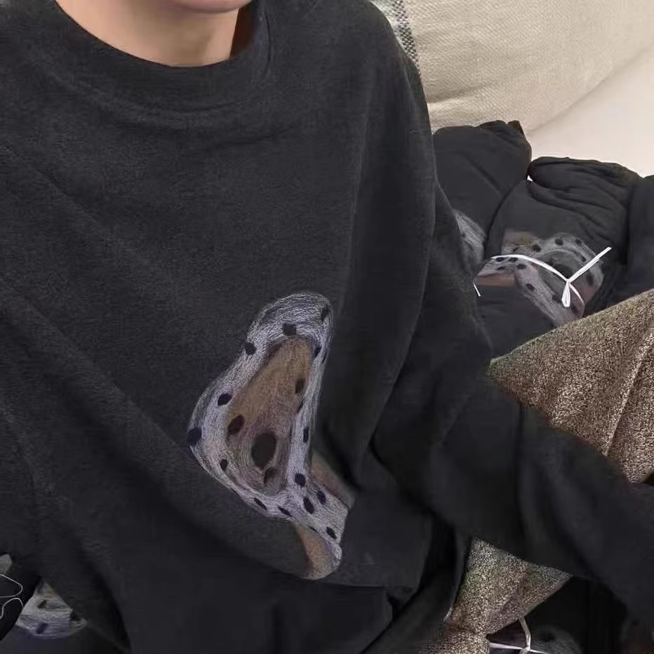 韩版卡通小狗印花磨毛加厚T恤女