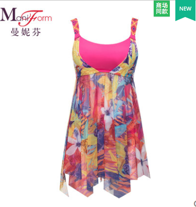 曼妮芬21010387 正品带钢圈大罩杯印花裙式女士分体温泉游泳衣