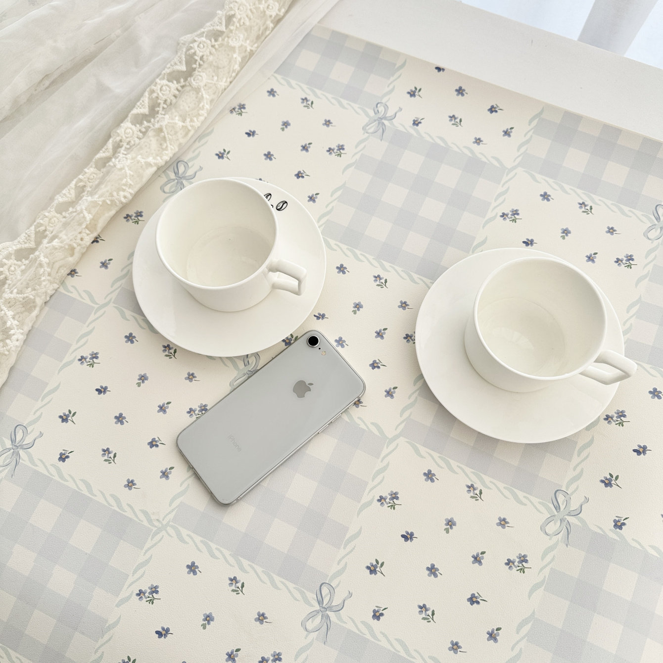 ins韩风蓝色小清新皮革桌垫碎花拼花防水防油鼠标垫餐垫书桌布置