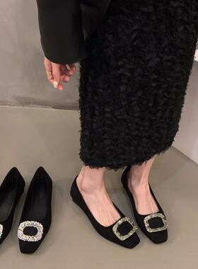 黑色绒面水钻单鞋女鞋