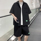 冰丝套装男女夏季坠感华夫格短袖衬衫短裤两件套3546P70，男装休闲套装，电商A309