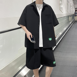 冰丝套装男女夏季坠感华夫格短袖衬衫短裤两件套 3546P70图片