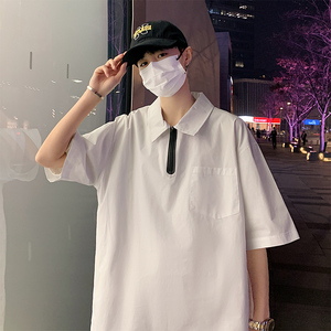 vibe风小众设计潮牌短袖衬衫男白色纯色半拉链衬衣A343P40 控58图片