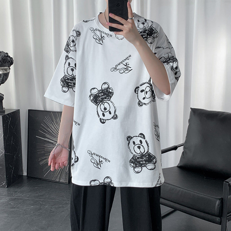 港风潮牌宽松痞帅短袖t恤男2122P35控48黑,男装T恤,电商A309