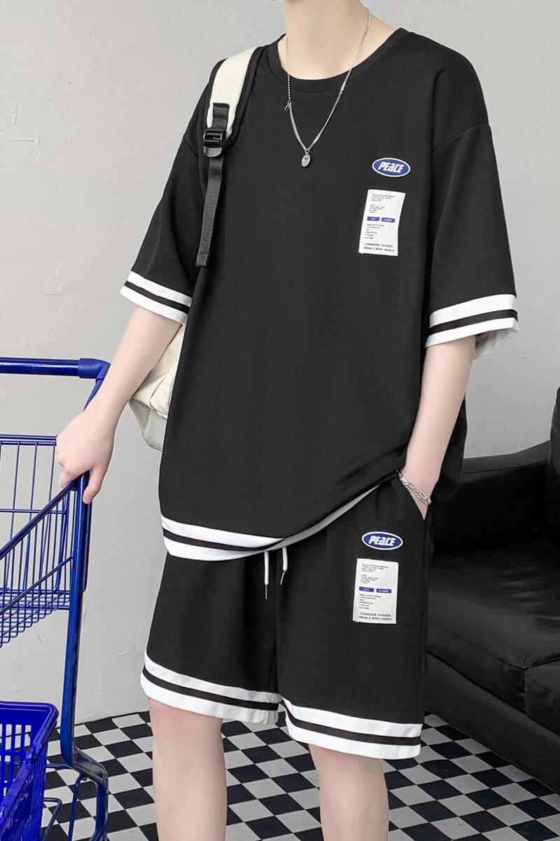 链接已爆~夏季冰丝短袖t恤男潮牌运动套装两件套TZ559P50控78,男装T恤,电商A309