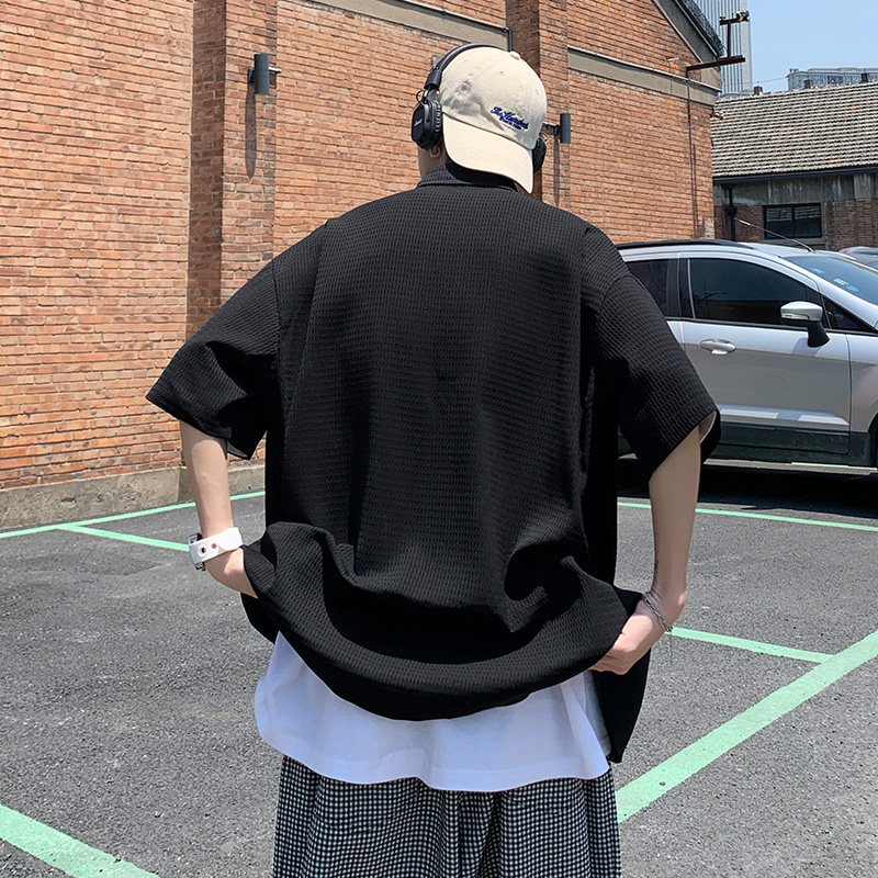 港风宽松中性风潮牌冰丝华夫格短袖衬衣男A355P40,男装衬衫,电商A309