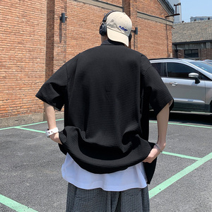 港风宽松中性风潮牌冰丝华夫格短袖衬衣男 A355P40图片
