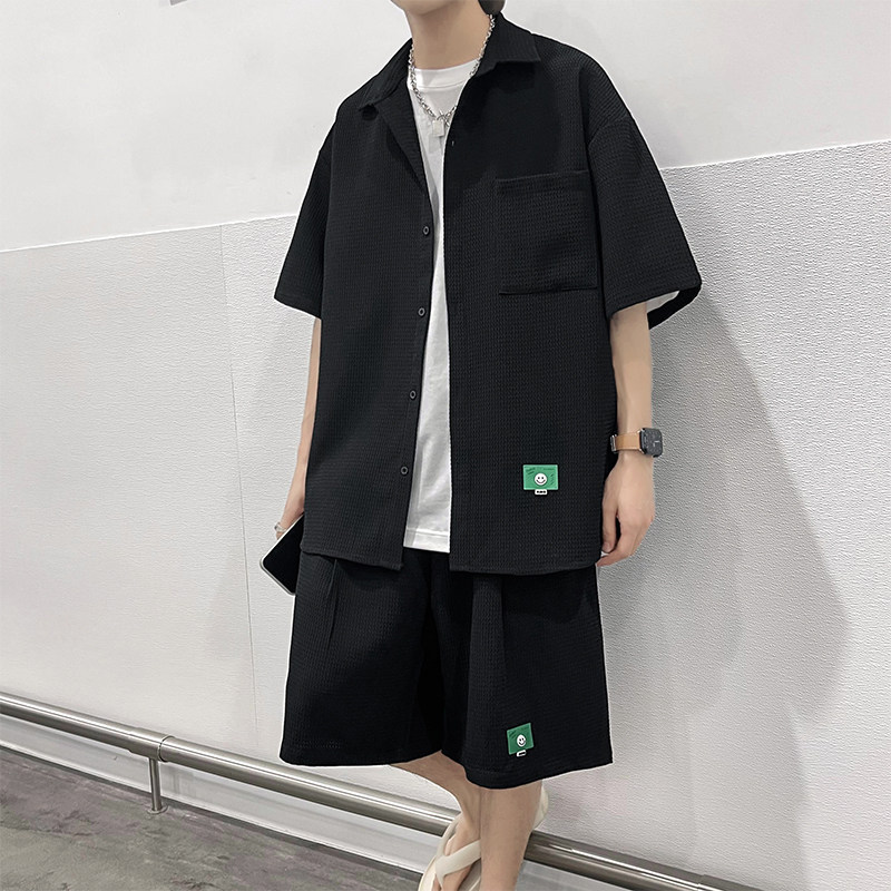 冰丝套装男女夏季坠感华夫格短袖衬衫短裤两件套 3546P70图片