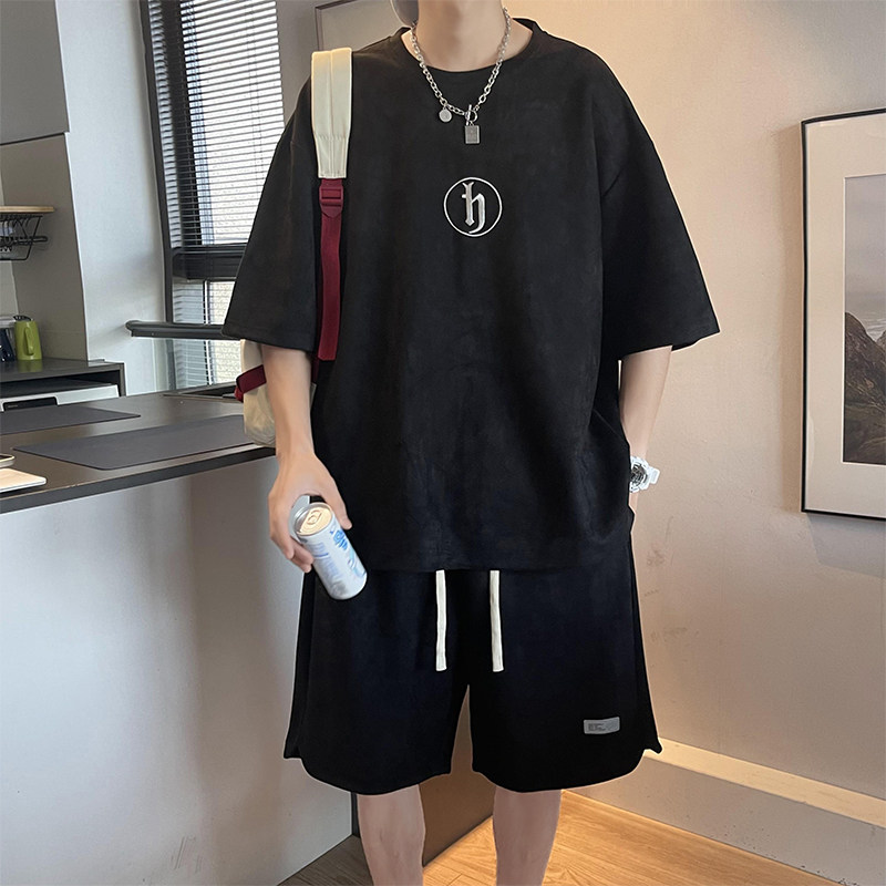 重磅麂皮绒短袖套装男夏季潮牌一整套衣服A353P80控108,男装休闲套装,电商A309