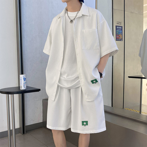 夏季冰丝坠感短袖衬衫短裤套装男帅气两件套 3546P70图片