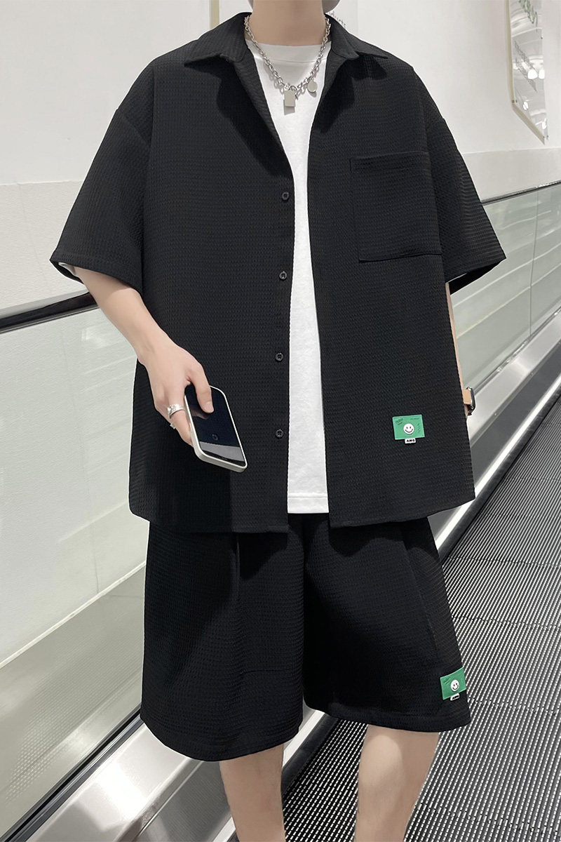 主推款~华夫格短袖衬衫短裤套装男夏季冰丝帅气两件套3546P70,男装休闲套装,电商A309