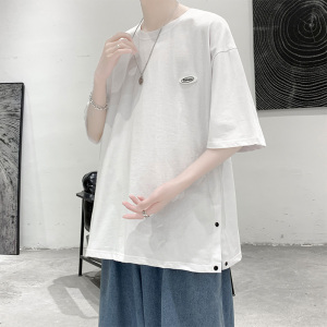 夏装潮牌纯棉短袖男士宽松开叉排扣t恤T01P30 控48图片