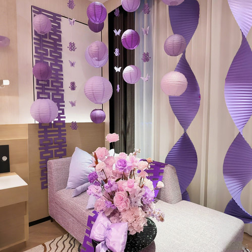 紫色瓦楞纸婚房布置卧室新房客厅装饰套装结婚商场店铺吊顶挂饰