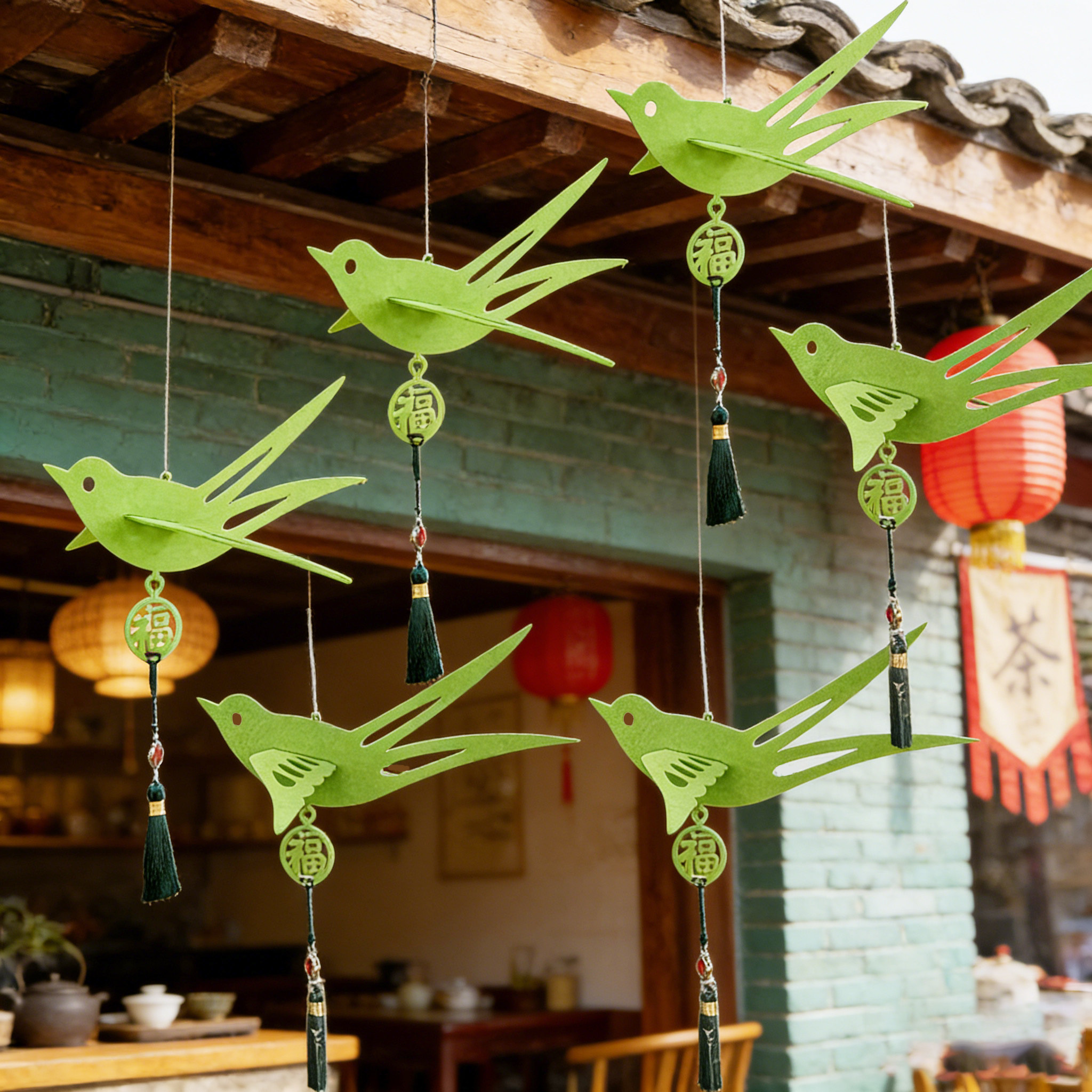 茶主题春天环创国风春季橱窗装饰布置绿色灯笼店铺橱窗幼儿园围炉