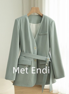 Met Endi系带亚麻西装外套2025年春季新款时尚简约V领西服上衣女
