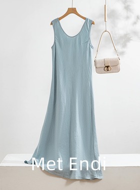 蓝色亚麻背心裙2025年夏季通勤U领气质中长款无袖连衣裙女