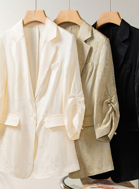 Met Endi醋酸小西服外套女2024年春季新提花缎面高级感七分袖黑色