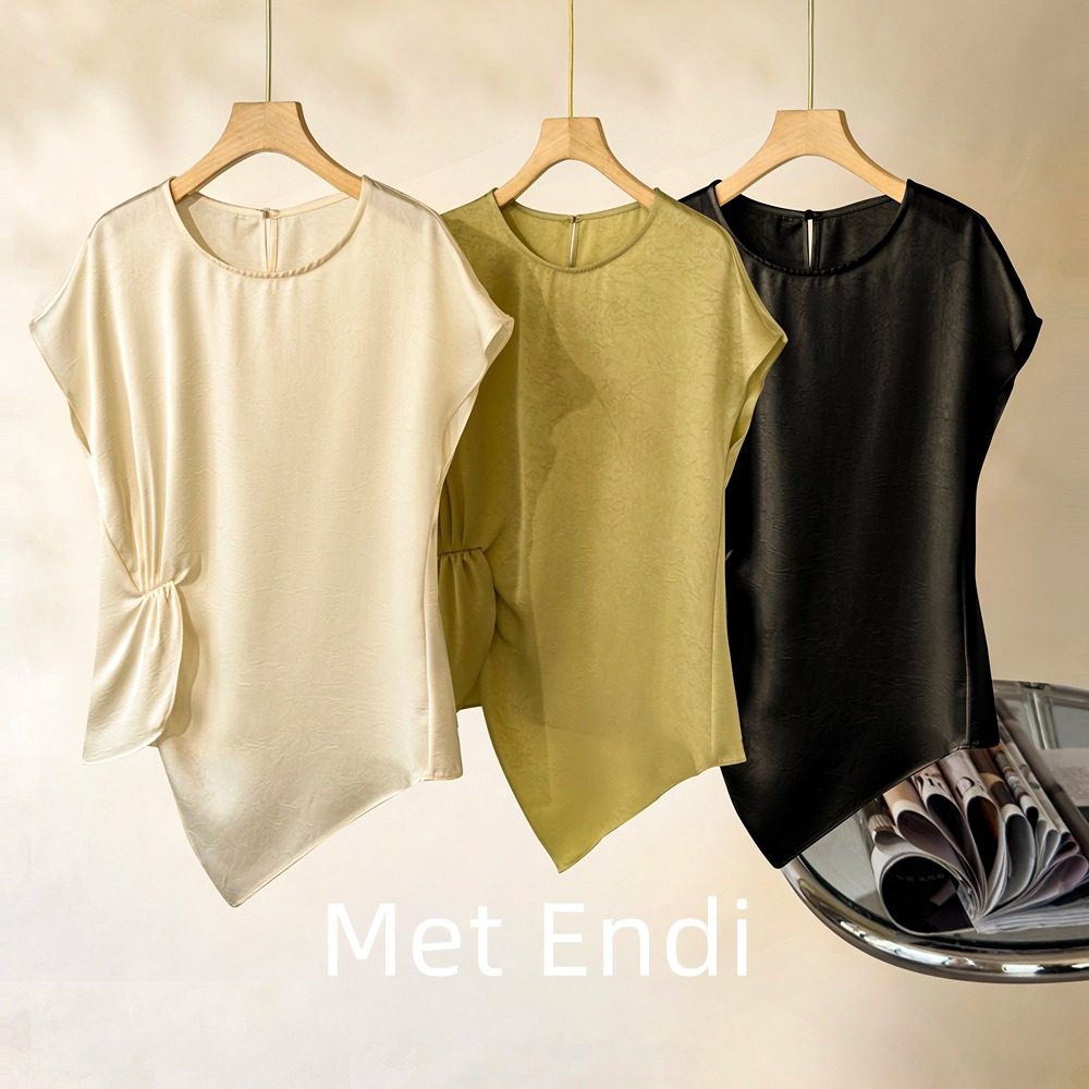 褶皱桑蚕丝短袖衬衫上衣2025年夏季收腰圆领不规则设计感小衫