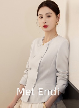 知性醋酸蓝色马甲西装外套肌理感春季新款高级感圆领修身西服上衣