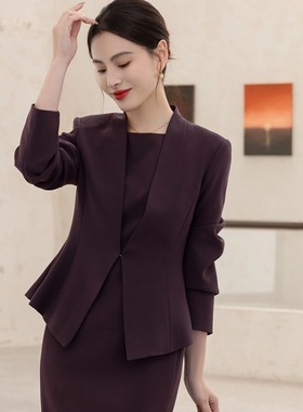 TH家高级感三醋酸修身职业西装套裙女春季收腰紫色西装连衣裙套装