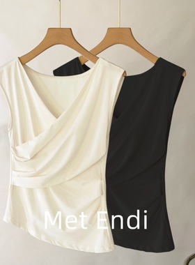 时尚百搭白色V领褶皱无袖T恤女夏季设计感法式修身背心上衣