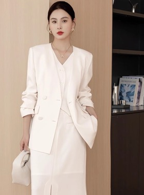 优雅女神范醋酸马甲西装套装女2025新款V领职业白色西服外套