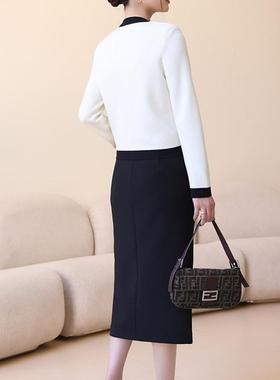 Met Endi黑色加绒开叉褶皱半身裙百搭秋冬高腰设计感中长款直筒裙