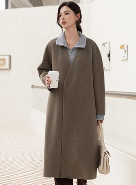 Met Endi系带山羊绒大衣女2024冬季V领格雷系灰色双面呢外套长款