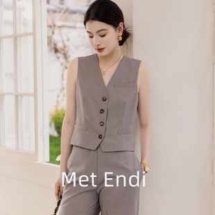 TH款精纺羊毛马甲裤子套装女夏老钱风V领修身背心上衣直筒裤