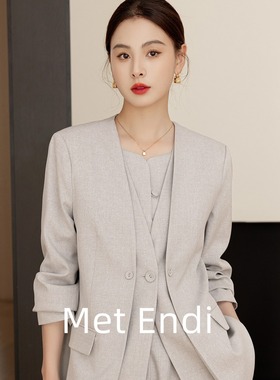 职业灰色V领假两件西装马甲阔腿裤套装廓形休闲西服裤子两件套女