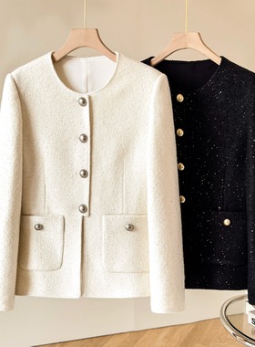 羊毛法式名媛风小香风外套女春季气质收腰白色粗花呢亮丝上衣