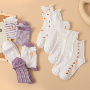 秋季 紫色花朵袜子女夏天防臭透气中筒袜泡泡口花边袜纯棉少女 薄款