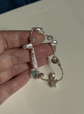 留恋|天然强光淡水巴洛克珍珠巴洛克银条糖果色水晶手工泰银手链