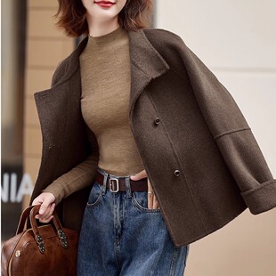 咖色立领短款毛呢外套女春秋新款时尚小个子宽松晕瘦双面羊绒大衣