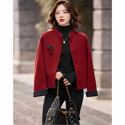 双面羊绒大衣短款秋冬新款黑红新中式羊毛呢妈妈装短外套复古气质