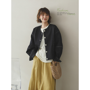 苹果的生活家|随性时髦 复古圆领明线原色牛仔短款休闲夹克外套