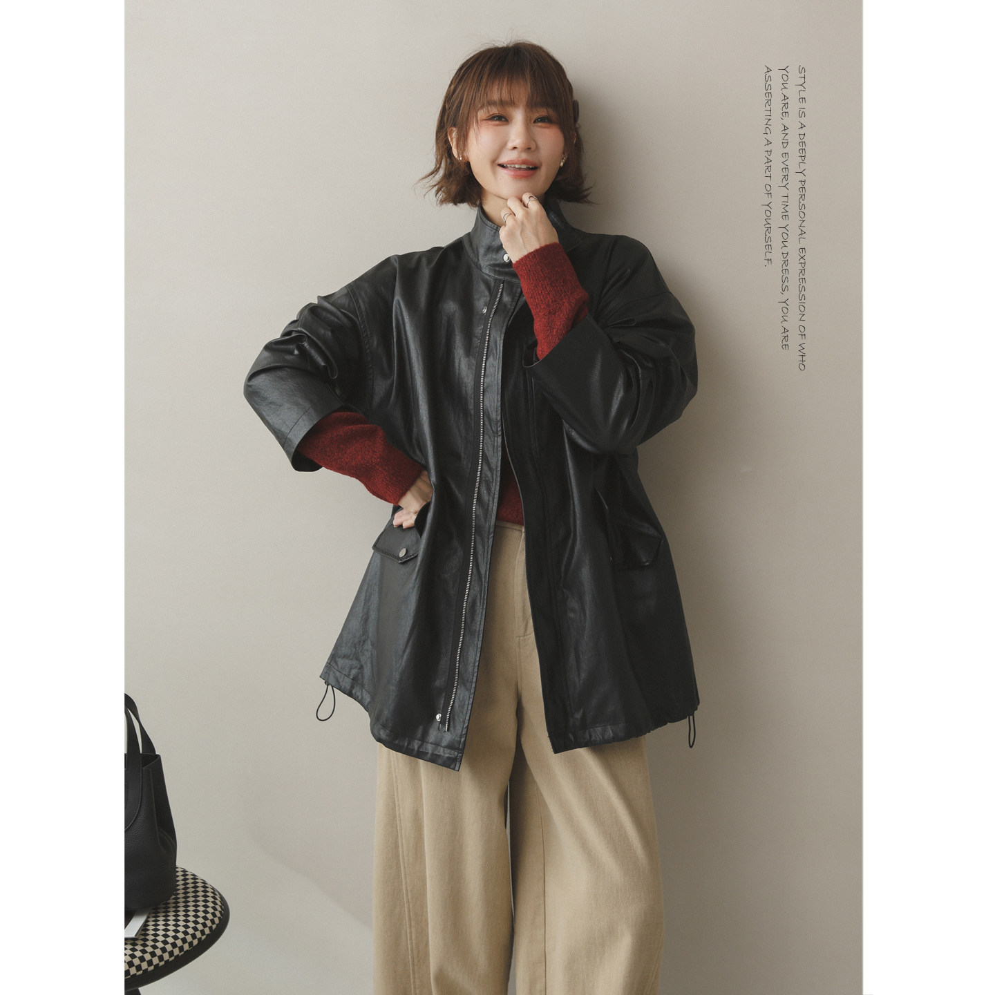 苹果的生活家|酷飒预警 立领仿皮夹克拉链皮衣外套中长款秋冬女,女装/女士精品,短外套,淘宝优惠券,粉丝福利购,淘宝优惠卷