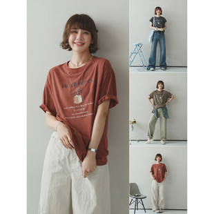 字母印花休闲棉宽松落肩短袖 面包日记 T恤上衣 生活家 苹果