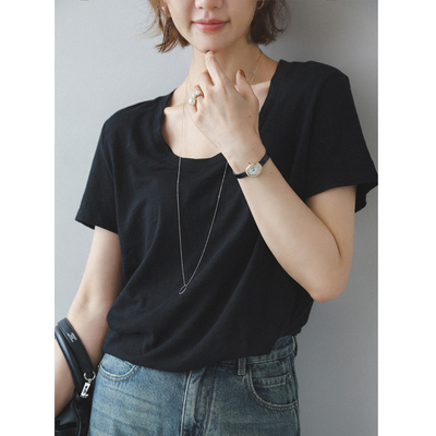 苹果的生活家|实用长期主义 竹节棉U型圆领基础短袖纯色T恤上衣