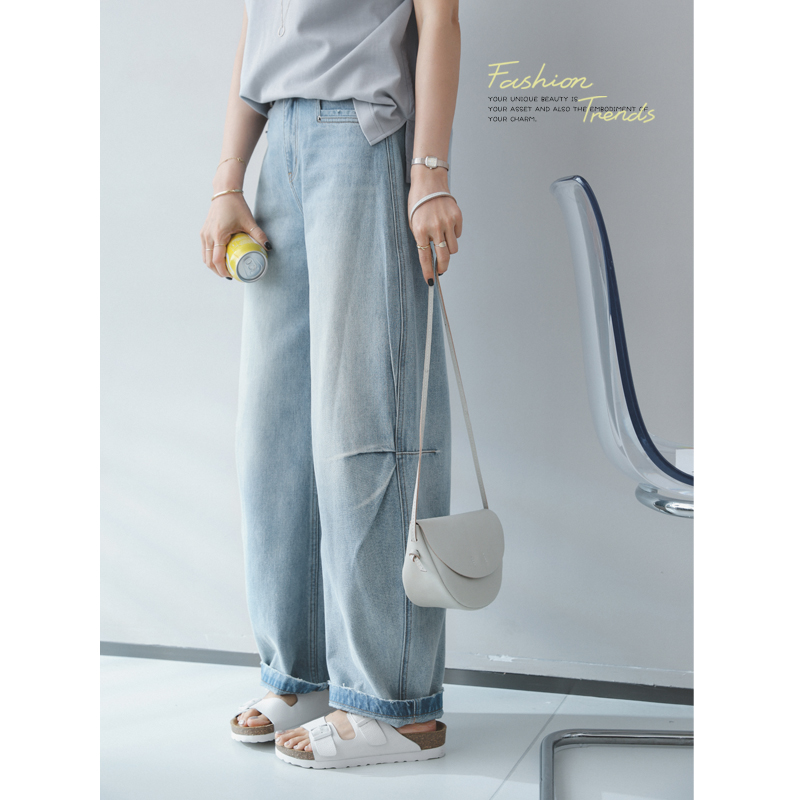 苹果的生活家|夏日单宁 捏褶设计慵懒休闲直筒阔腿女薄牛仔裤