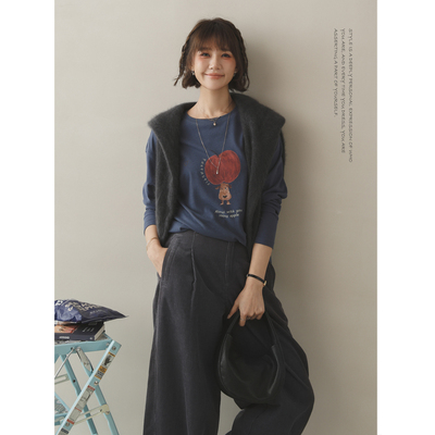 苹果的生活家|秋日实穿派 狗狗印花磨毛休闲棉莱赛尔混纺长袖T恤