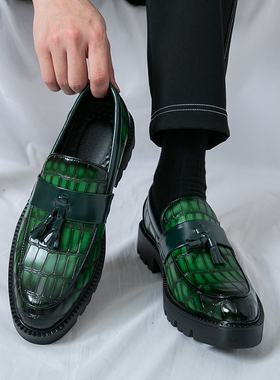 绿色皮鞋男中东西亚风一脚蹬流苏男鞋夜场发型师鞋子格纹男鞋潮鞋